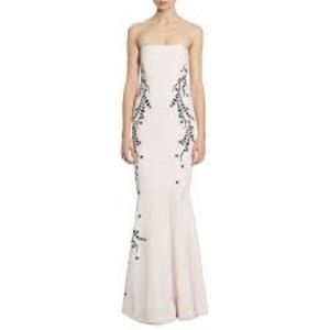strapless open back dress Cinq à Sept Luna Feather Trim Mini Skirt